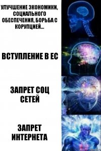 Улучшение экономики, социального обеспечения, борьба с корупцией... Вступление в ЕС Запрет соц сетей Запрет интернета