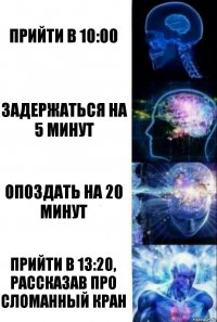 прийти в 10:00 задержаться на 5 минут опоздать на 20 минут прийти в 13:20, рассказав про сломанный кран