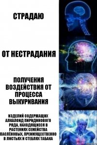 СТРАДАЮ ОТ НЕСТРАДАНИЯ ПОЛУЧЕНИЯ ВОЗДЕЙСТВИЯ ОТ ПРОЦЕССА ВЫКУРИВАНИЯ изделий содержащих алкалоид пиридинового ряда, находящиеся в растениях семейства паслёновых, преимущественно в листьях и стеблях табака