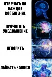 Отвечать на каждое сообщение Прочитать уведомление Игнорить Лайкать записи