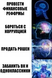 Провести финансовые реформы Бороться с коррупцией Продать Рошен ЗАбанить ВК и Одноклассники