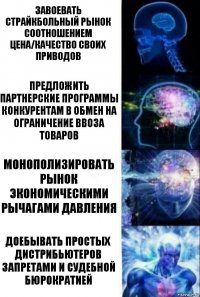 Завоевать страйкбольный рынок соотношением цена/качество своих приводов Предложить партнерские программы конкурентам в обмен на ограничение ввоза товаров Монополизировать рынок экономическими рычагами давления Доебывать простых дистрибьютеров запретами и судебной бюрократией