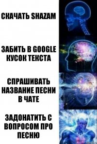 Скачать Shazam Забить в Google кусок текста Спрашивать название песни в чате Задонатить с вопросом про песню