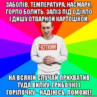 заболів. температура, насмарк, горло болить. заліз під одіяло і дишу отварной картошкой, на всякій случай прихватив туда вилку, грибочкі і горілочку - надіюсь, поможе!