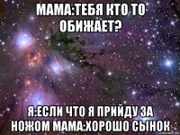 мама:тебя кто то обижает? я:если что я прийду за ножом мама:хорошо сынок