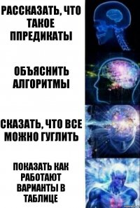 Рассказать, что такое ппредикаты Объяснить алгоритмы Сказать, что все можно гуглить Показать как работают варианты в таблице