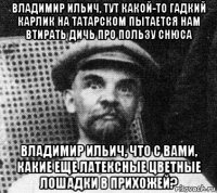 владимир ильич, тут какой-то гадкий карлик на татарском пытается нам втирать дичь про пользу снюса владимир ильич, что с вами, какие еще латексные цветные лошадки в прихожей?