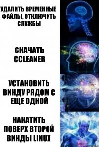 Удалить временные файлы, отключить службы Скачать CCleaner Установить винду рядом с еще одной Накатить поверх второй винды Linux