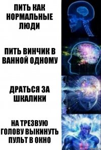 Пить как нормальные люди Пить винчик в ванной одному Драться за шкалики На трезвую голову выкинуть пульт в окно