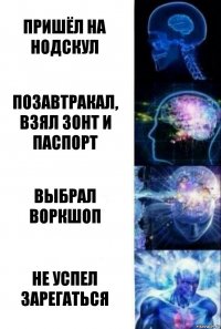 Пришёл на нодскул Позавтракал, взял зонт и паспорт Выбрал воркшоп Не успел зарегаться