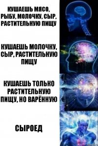 Кушаешь мясо, рыбу, молочку, сыр, растительную пищу Кушаешь молочку, сыр, растительную пищу Кушаешь только растительную пищу, но варённую Сыроед