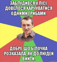 заблудився у лісі, довелося харчуватися одними грибами. добре, шо білочка розказала, як до людей вийти.