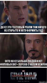 Да х2 это тестовый реалм там ничего не открыто и кату фармить год Зато на х2 больше людей и нет фуловых вк7+ персов с капом усилок