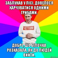 заблукав у лісі, довелося харчуватися одними грибами. добре, шо білочка розказала, як до людей вийти.