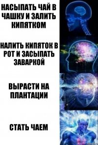 насыпать чай в чашку и залить кипятком налить кипяток в рот и засыпать заваркой вырасти на плантации стать чаем