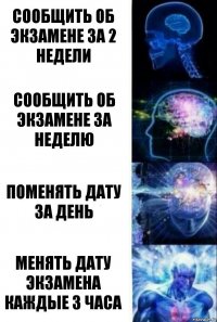 Сообщить об экзамене за 2 недели Сообщить об экзамене за неделю Поменять дату за день Менять дату экзамена каждые 3 часа