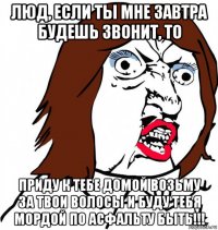 люд, если ты мне завтра будешь звонит, то приду к тебе домой возьму за твои волосы и буду тебя мордой по асфальту быть!!!