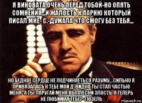 я виновата очень перед тобой-но опять сомнения...и жалость к парню который писал мне- с.-думала что смогу без тебя... но бедное сердце не подчиняеться разуму...сильно я привязалась к тебе мой д-видно ты стал частью меня- а ты поругай меня выплесни злость-я теперь не любимая тебе?-гюзель