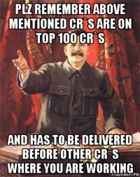 plz remember above mentioned cr`s are on top 100 cr`s and has to be delivered before other cr`s where you are working