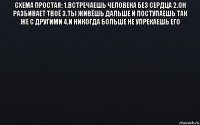 схема простая: 1.встречаешь человека без сердца 2.он разбивает твоё 3.ты живёшь дальше и поступаешь так же с другими 4.и никогда больше не упрекаешь его 