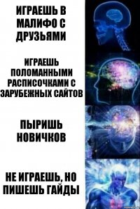 Играешь в малифо с друзьями Играешь поломанными расписочками с зарубежных сайтов Пыришь новичков Не играешь, но пишешь гайды