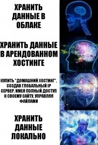 Хранить данные в облаке Хранить данные в арендованном хостинге Купить "домашний хостинг", создав глобальный IP сервер, имея полный доступ к своему сайту, управляя файлами Хранить данные локально