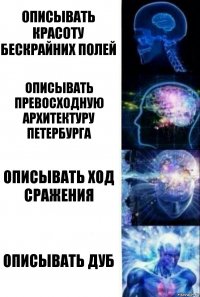 Описывать красоту бескрайних полей Описывать превосходную архитектуру Петербурга Описывать ход сражения Описывать дуб