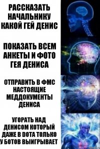 Рассказать начальнику какой гей Денис Показать всем анкеты и фото гея Дениса Отправить в Фмс настоящие меддокументы Дениса Угорать над Денисом который даже в dota только у ботов выигрывает