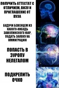 Получить аттестат с отличием, визу и приглашение от ВУЗа Будучи беженцем из какого-нибудь зажопинского ЮАР, подать заявку на иммиграцию Попасть в Эуропу нелегалом Подкрепить очко