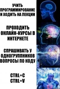 Учить программирование и ходить на лекции Проходить онлайн-курсы в интернете спрашивать у одногруппников вопросы по коду Ctrl+C
Ctrl+V