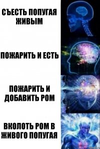 Съесть Попугая живым Пожарить и есть Пожарить и добавить ром Вколоть Ром в живого Попугая