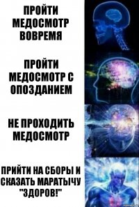 пройти медосмотр вовремя пройти медосмотр с опозданием не проходить медосмотр прийти на сборы и сказать Маратычу "Здоров!"