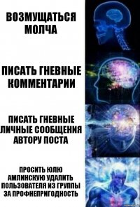 Возмущаться молча Писать гневные комментарии Писать гневные личные сообщения автору поста Просить Юлю Амлинскую удалить пользователя из группы за профнепригодность