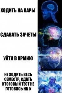 Ходить на пары Сдавать зачеты Уйти в армию Не ходить весь семестр, сдать итоговый тест не готовясь на 5