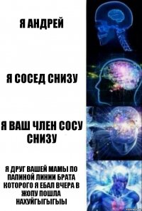 Я андрей Я сосед снизу Я ваш член сосу снизу Я друг вашей мамы по папиной линии брата которого я ебал вчера в жопу пошла нахуйГыгыгыы