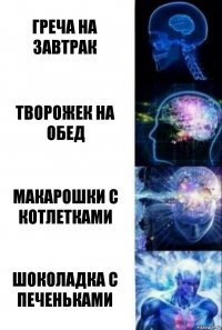 Греча на завтрак Творожек на обед Макарошки с котлетками Шоколадка с печеньками