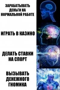 Зарабатывать деньги на нормальной работе Играть в казино Делать ставки на спорт Вызывать денежного гномика