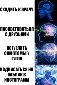 Сходить к врачу Посоветоваться с друзьями Погуглить симптомы у гугла Подписаться на паблик в инстаграмм