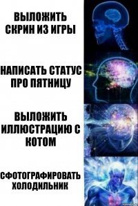 Выложить скрин из игры Написать статус про пятницу Выложить иллюстрацию с котом Сфотографировать холодильник