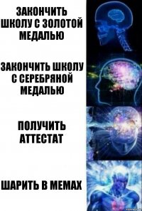 Закончить школу с золотой медалью Закончить школу с серебряной медалью Получить аттестат Шарить в мемах