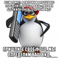 всем привет. я пингвин и я прошу вас определить какого я вида: пингвин адели или какой-то другой вид? пришлите своё фото. мы определим ваш вид.