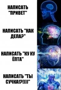 Написать "привет" Написать "Как дела?" Написать "КУ КУ ЁПТА" Написать "ты сучка!?!)))"