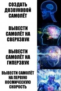 Создать дозвуковой самолёт Вывести самолёт на сверхзвук Вывести самолёт на гиперзвук Вывести самолёт на первую космическую скорость