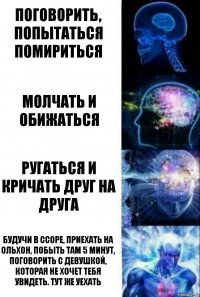 Поговорить, попытаться помириться Молчать и обижаться Ругаться и кричать друг на друга Будучи в ссоре, приехать на ольхон, побыть там 5 минут, поговорить с девушкой, которая не хочет тебя увидеть. Тут же уехать