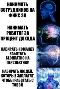 Нанимать сотрудников на фикс ЗП Нанимать работяг за процент дохода Набирать команду работать бесплатно на перспективу Набирать людей, которые заплатят, чтобы работать с тобой