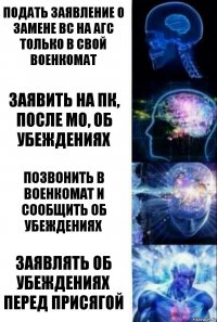 Подать заявление о замене вс на агс только в свой военкомат Заявить на ПК, после МО, об убеждениях позвонить в военкомат и сообщить об убеждениях заявлять об убеждениях перед присягой