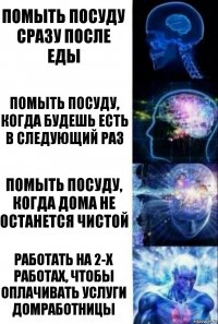 Помыть посуду сразу после еды Помыть посуду, когда будешь есть в следующий раз Помыть посуду, когда дома не останется чистой Работать на 2-х работах, чтобы оплачивать услуги домработницы