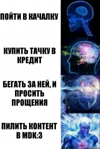 Пойти в качалку Купить тачку в кредит Бегать за ней, и просить прощения Пилить контент в mdk:3