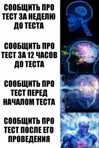 Сообщить про тест за неделю до теста Сообщить про тест за 12 часов до теста Сообщить про тест перед началом теста Сообщить про тест после его проведения