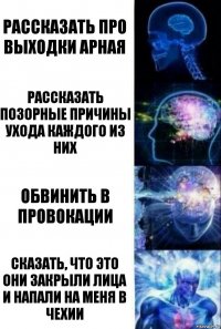 Рассказать про выходки Арная Рассказать позорные причины ухода каждого из них Обвинить в провокации Сказать, что это они закрыли лица и напали на меня в Чехии